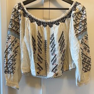 Free People Cream and Black Embroidered Blouse